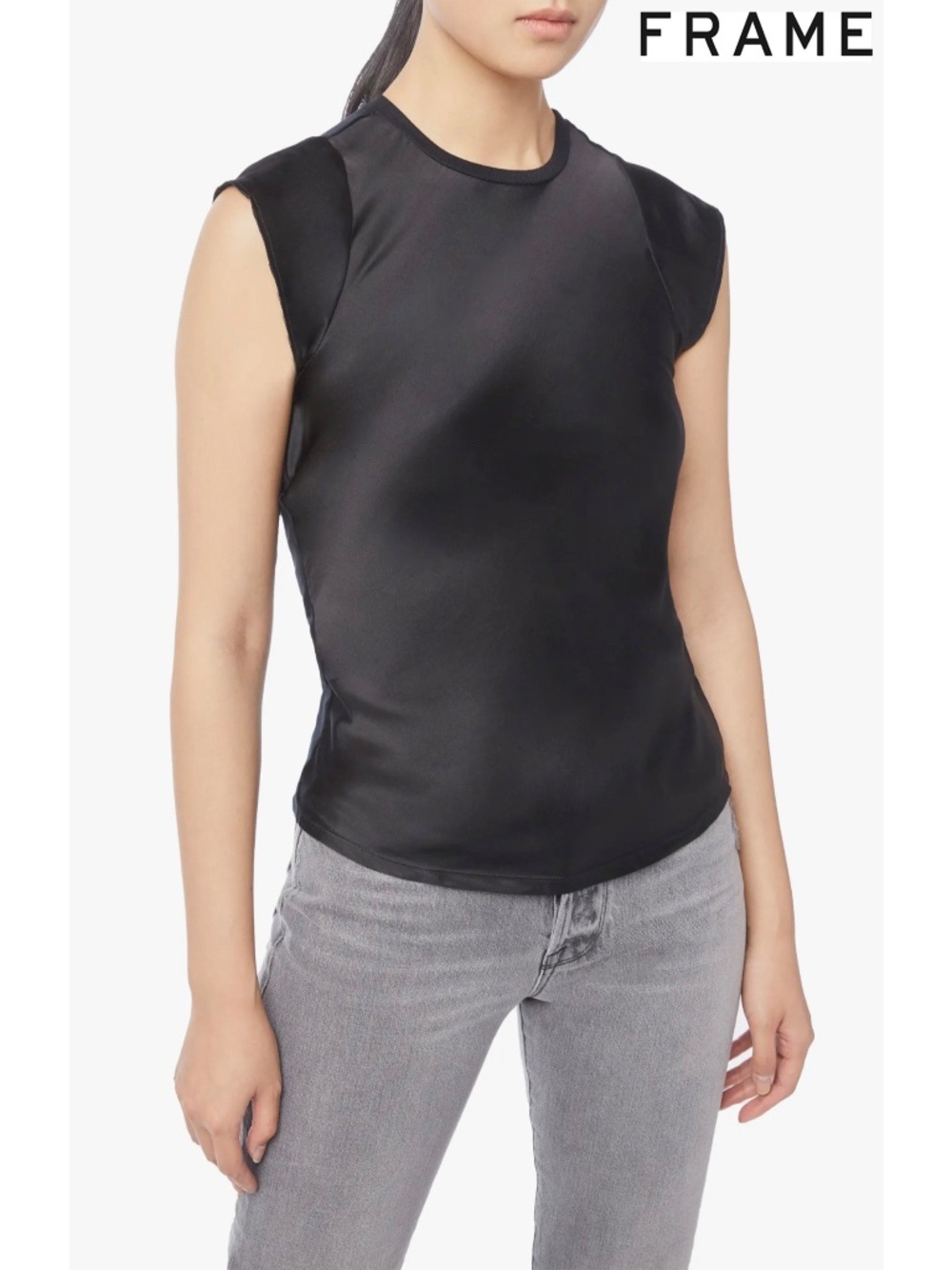 FRAME WOMEN NWT BIAS CUT CREW NECK 100% WASHABLE SILK SATIN NOIR TOP. SIZE M